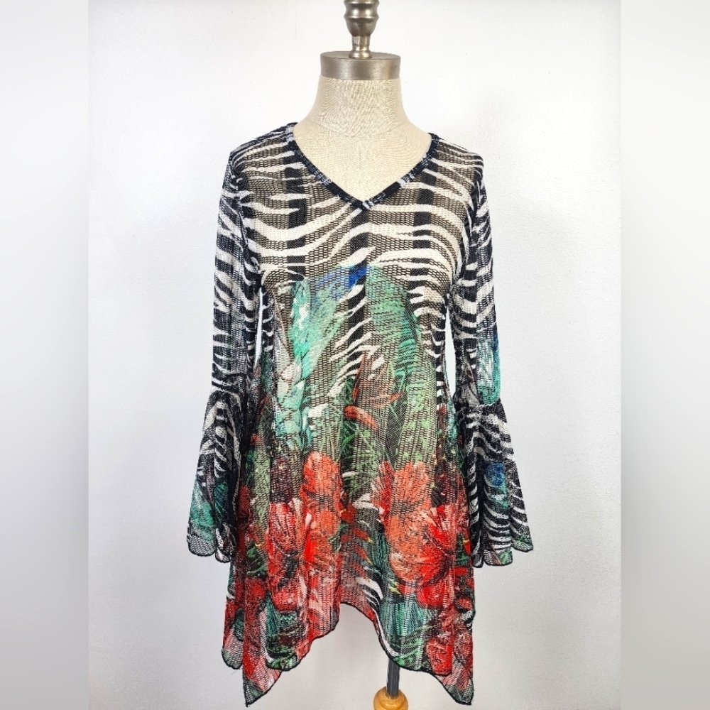 Dor Dor Couture Women's Floral & Zebra Print Sheer Cover-Up Summer Top, sz SM